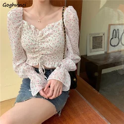 Spring Floral Blouses Women Shirring Sexy Slash Neck Crop Tops Long Sleeve Slim Purple Chiffon Blouse Mujer Sweet Friends Fungus