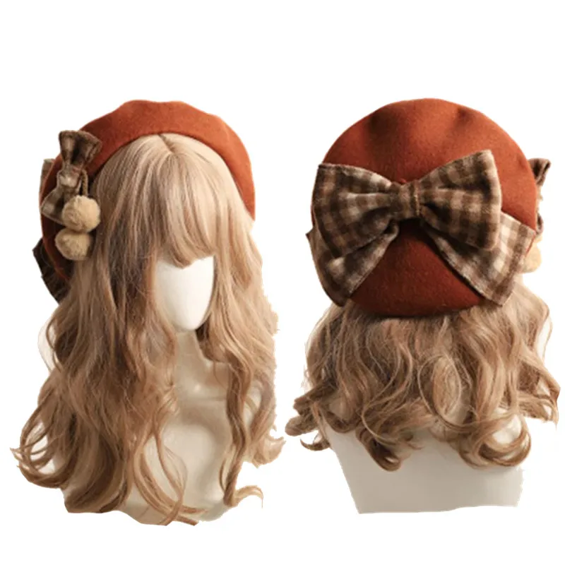 Winter cute beret Women new British fashion retro big bow plaid painter hat Girl female Beanies Wholesale 2020