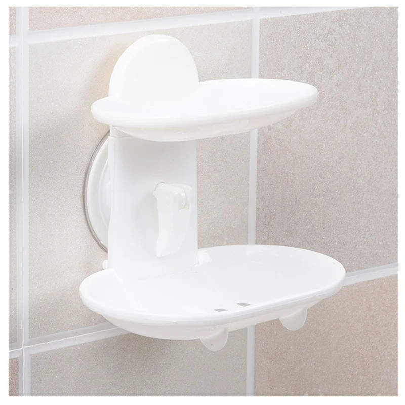 Double Soap Dish Strong Suction Soap Holder Cup Tray for Shower Bathroom (White)