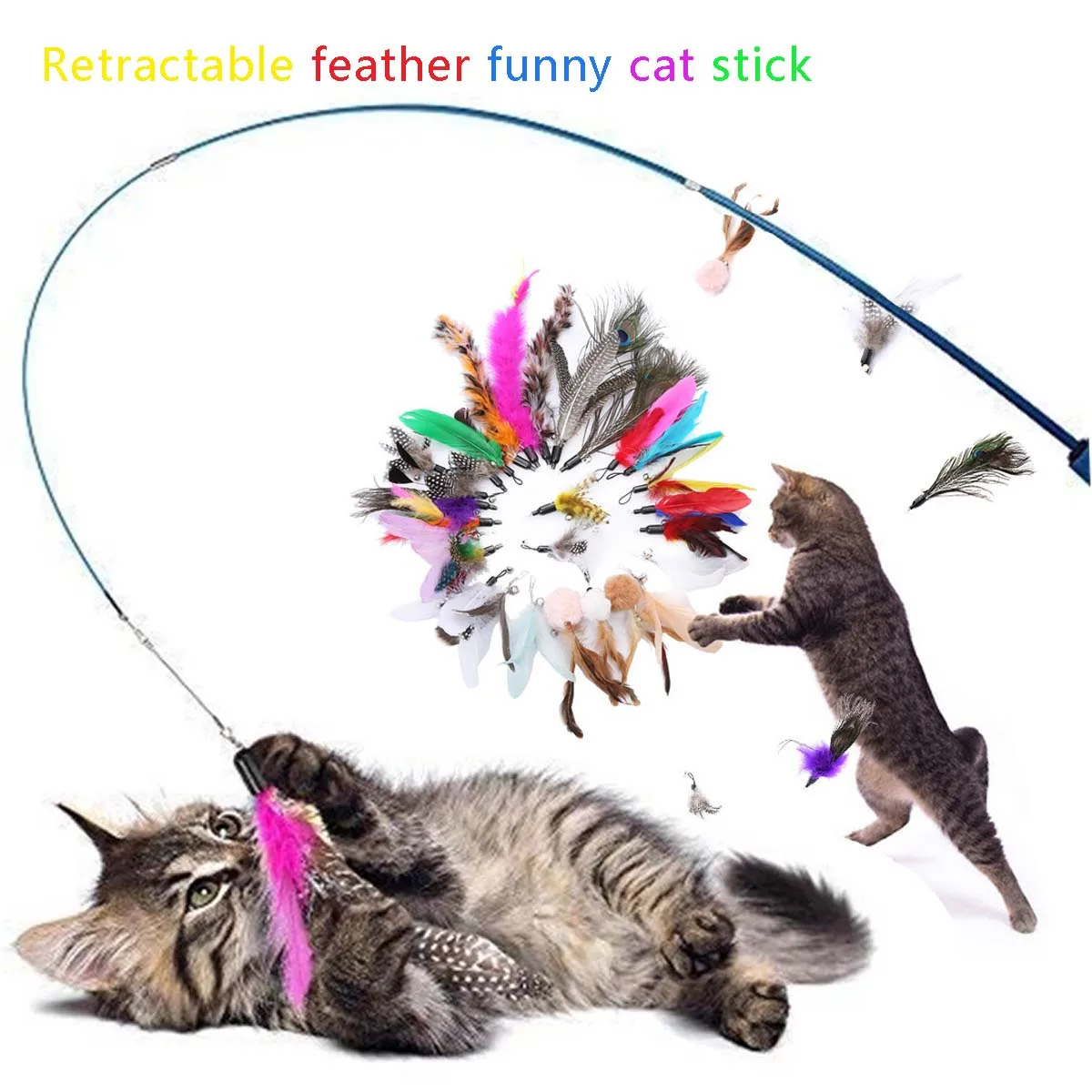 Interactieve Kat Veer Speelgoed Veer Teaser Stick Wand Huisdier Intrekbare Veer Bel Refill Vervanging Catcher Product Voor Kitten