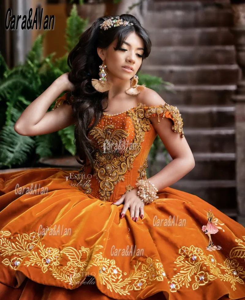 Charro veludo bordado quinceanera vestidos de miçangas fora do ombro doce 16 vestido feito sob encomenda misquince vestidos xv años