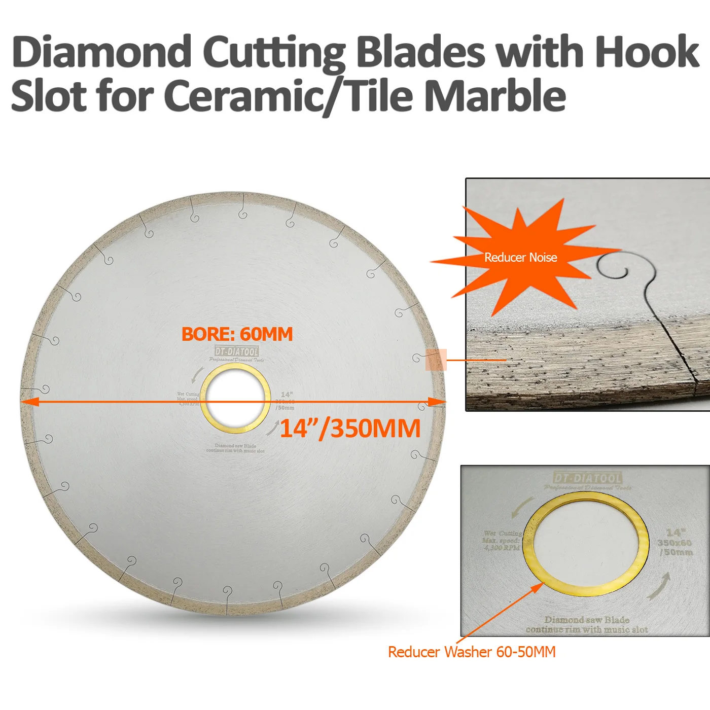 DT-DIATOOL 2pcs 300/350mm Wet Diamond Ceramic Cutting Disc Saw Blades With Hook Slot Bore 60mm with 50mm Reducer For Tile Marble