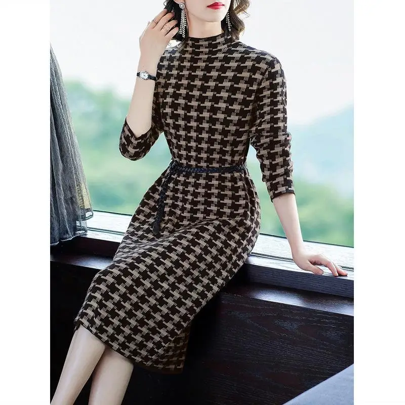 Casual Jurk Voor Vrouwen 2022 Vrouwelijke Breien Kleding Voor Srping Herfst Coltrui Plaid Thicken Slim Knielange Bodem Vestidos