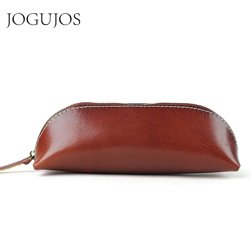 

JOGUJOS New Vintage Cowhide Zipper Student Pencil Case Genuine Leather Handmade Pen Case Pen Bag Glasses Case Office Coin Purse