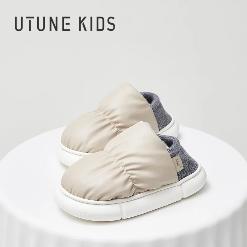 UTUNE KIDS Toast Slippers For Girls Children winter Kids Shoes Boys PU Warm Plush Non-slip Slipper Heel Wrap Outside Home Flat