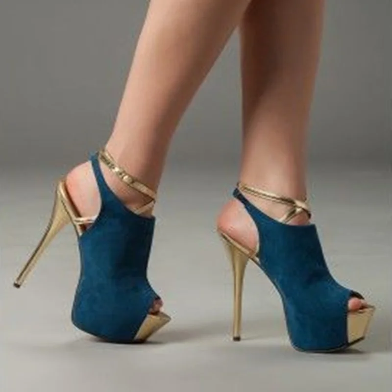 Fashion Gold Strap High Heel Pumps Peep Toe High Platform Dress Shoes Cut-out Blue Black Suede Patchwork Gladiator Shoes