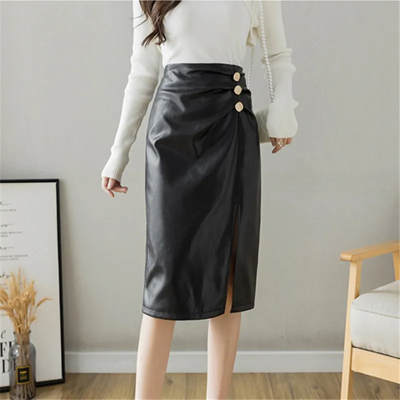 REALEFT 2021 New Buttons Women's Black PU Leather Wrap Skirts Office High Waist Front Split Women's Midi Skirts Female Autumn