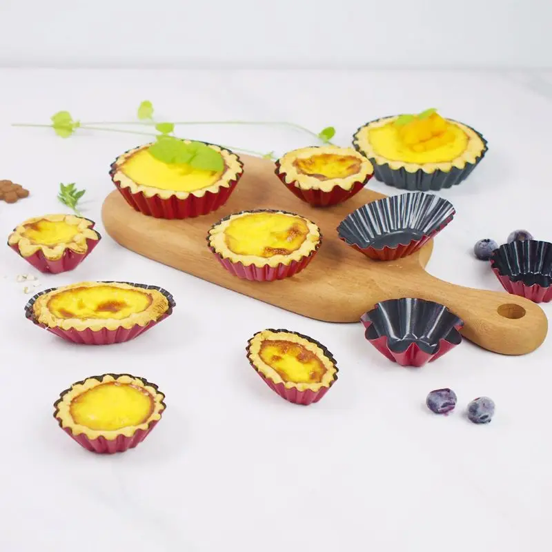 6pcs Non-stick Mini Flower Carbon Steel Egg Tart Pan Mold Reusable Cupcake Mould