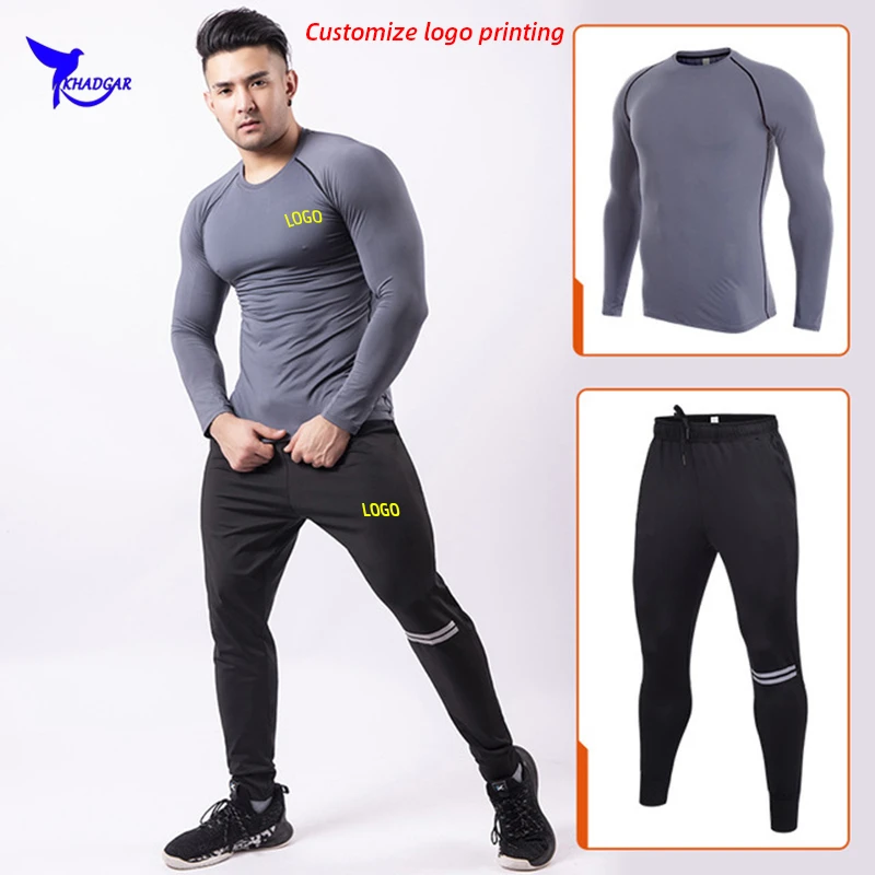 Custom LOGO Stretch Quick Dry Sports Suit Men Long Sleeve Shirts+Sweatpants 2 Pcs Running Set Gym Fitness Training Sportswear