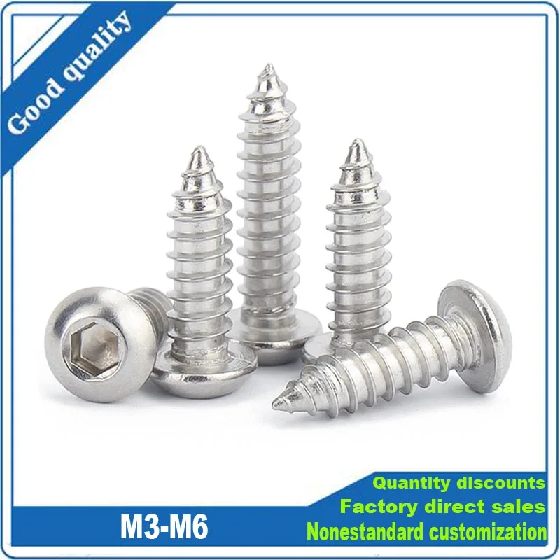 

10pcs M3 M4 M5 M6 304 A2-70 Stainless Steel Allen Hex Hexagon Socket Pan Head Self-tapping Screw Furniture Wood Screw ISO7380