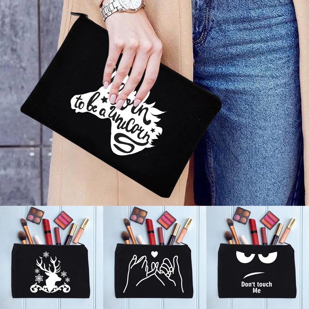 Bolsa de maquillaje femenina, bolsa de cosméticos para mujer, bolso organizador con patrón de imagen blanca, estuches de lápices negros para monedero de oficina