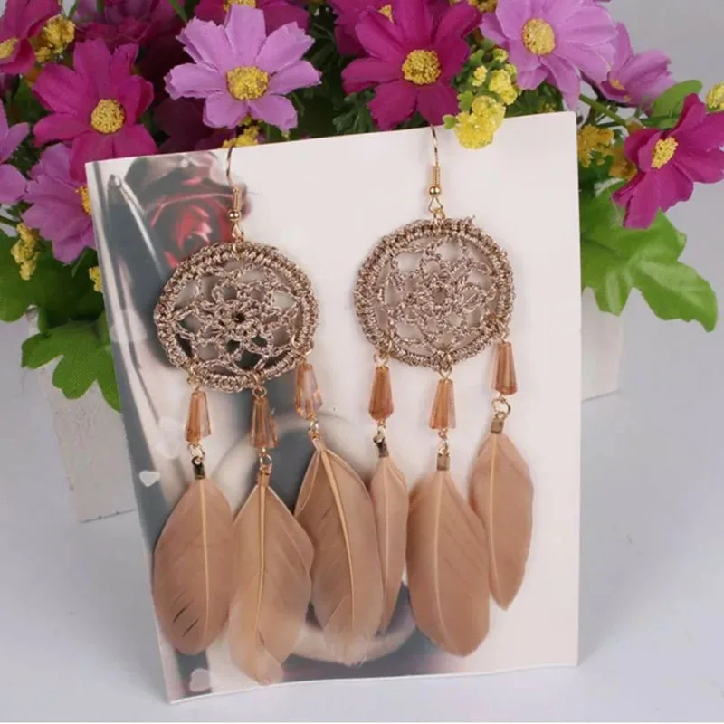 Feather Fringed Dreamcatcher Long Earring for Women Red Blue Black Feather Tassel Earrings Handmade Boho Ethnic Earings Jewelry