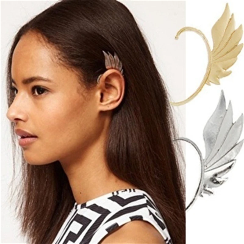 Hot Fashion Single Girl Ear Cuff Earrings 1PC Angel Feather Wings Golden Ear Clips For Women Left Ear Punk Ear Clip Jewelry Gift