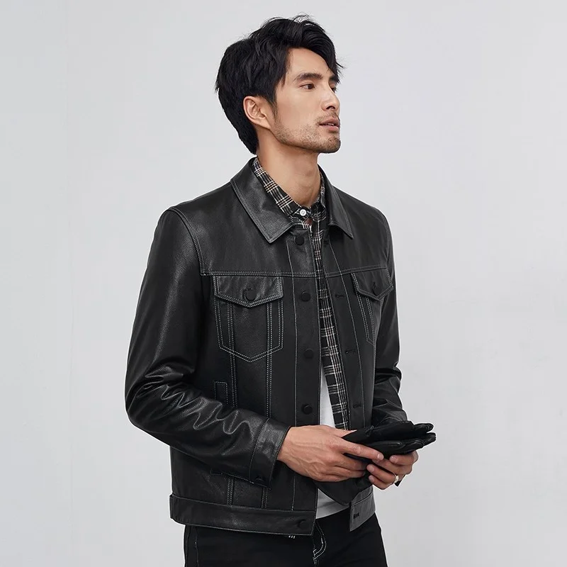 Slim Fashion Fit Classic Biker Real Cow Leather Jacket Mens Genuine Leather Coat Turn-Down Collar Casual Jacket Autumn Outerwear