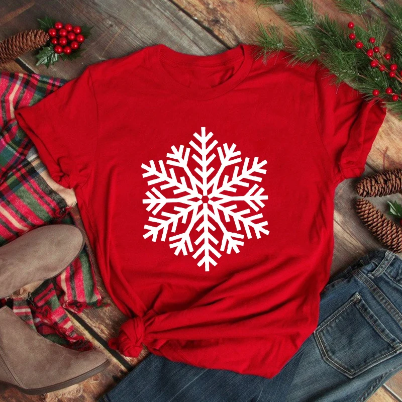 Snowflake 100% Cotton T-shirt Fashion Women Merry Christmas Gift Tshirt Winter Short Sleeve Graphic New Year Holiday Tops Tees