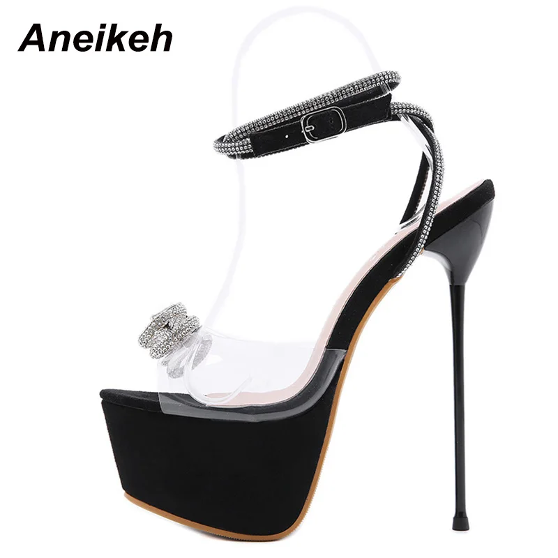 Aneikeh Shoes For Women 2024 Sweet Butterfly-Knot Bordered Bling Crystal Patchwork High Heels Sandals PVC NEW Summer 34-40 Black