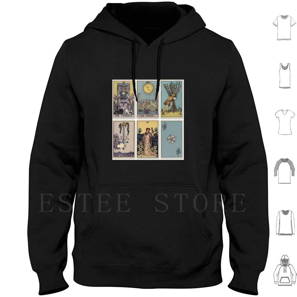 Sudadera con capucha de manga larga con 6 cartas del Tarot Rider Waite: Carro, Luna, As de Espadas, Nueve de Otras Cartas, Diez de Varitas, Varitas