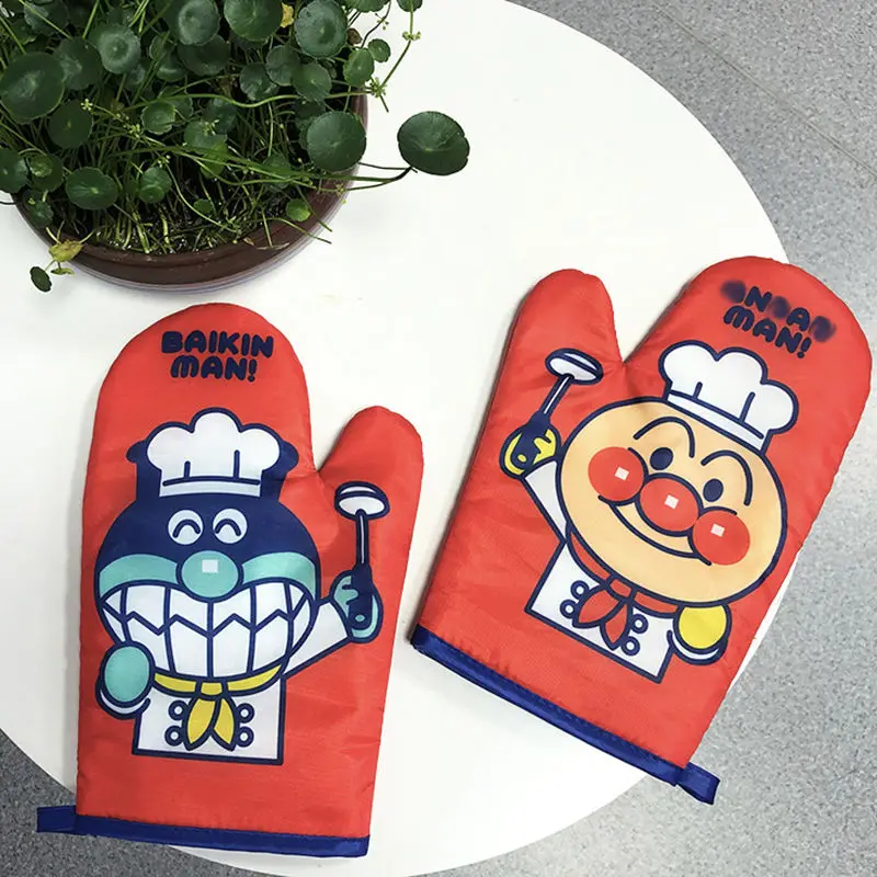 Anpanman Cartoon Luvas de isolamento térmico, Impressão dupla face, Anti-escaldante espessado, Microondas, Forno, Cozinha