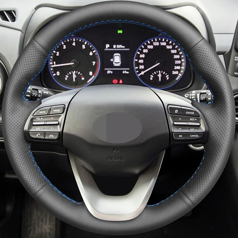 Hand-stitched Artificial Leather Steering Wheel Cover Black DIY Car Steering Wheel Covers for Hyundai Kona 2017 - 2019