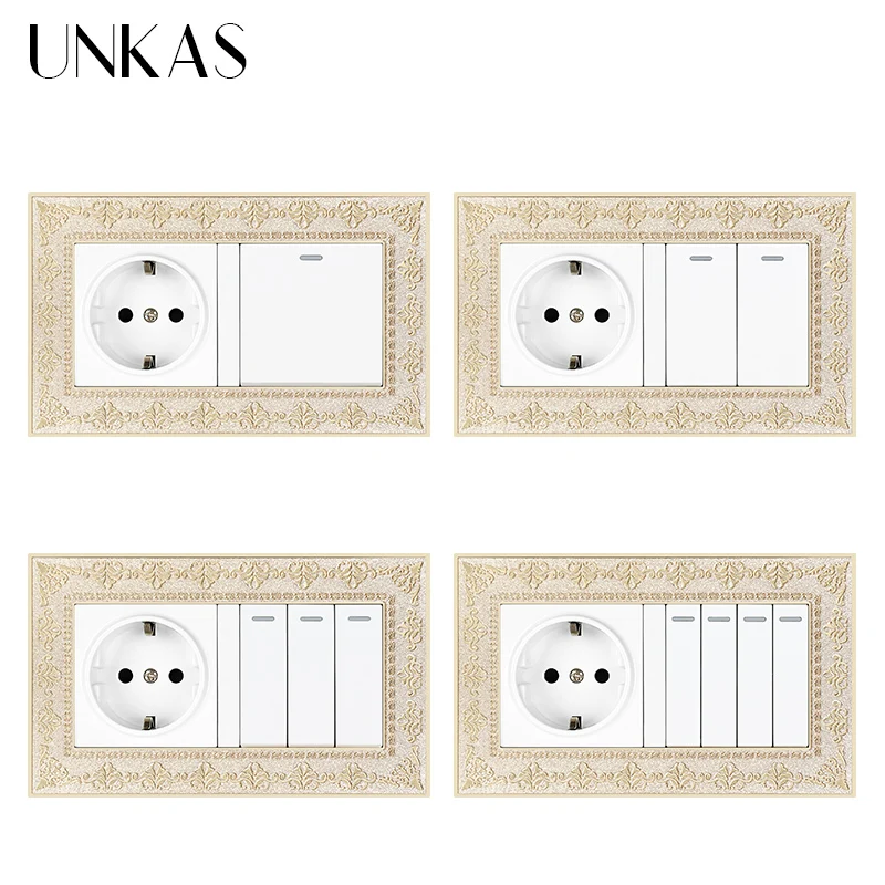 UNKAS 4D Zinc Alloy Metal Panel Russia Spain EU Socket + 1 2 3 4 Gang 1 / 2 Way On / Off Light Switch Embossing Retro Frame