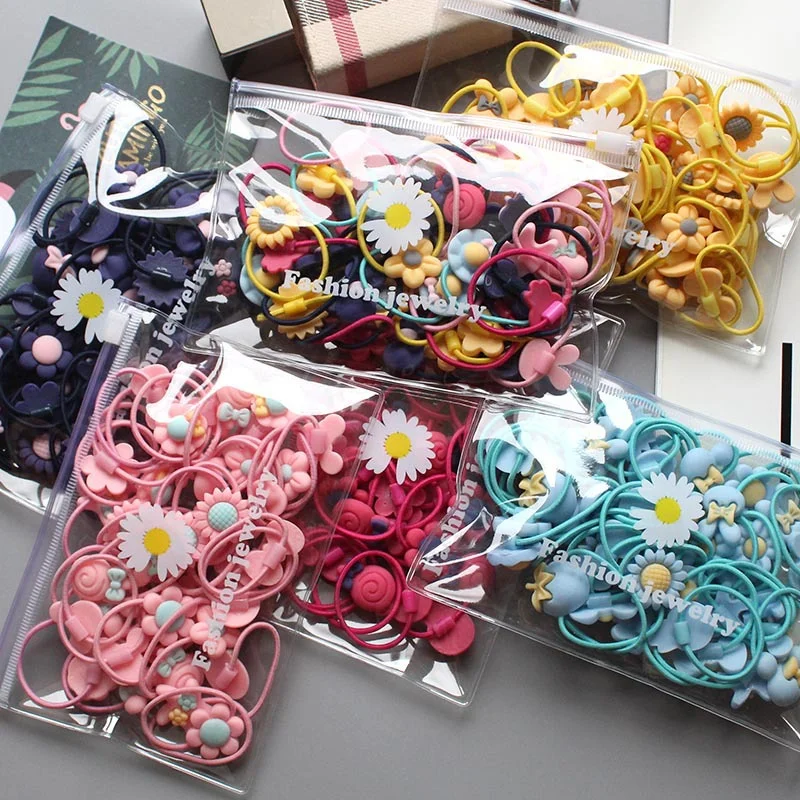 20 Pcs/Bag Baby Girls Hair Accessories Children's Elastic Hair Bands Cute Flower Bows Hair Ring Ponytail Wild Baby Headwear