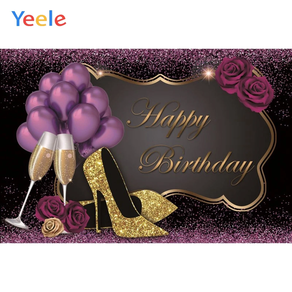 

Female Woman Wine Glass Beer Purple Rose Golden High Heels Balloon Birthday Backdrop Custom Vinyl Party Photography Background
