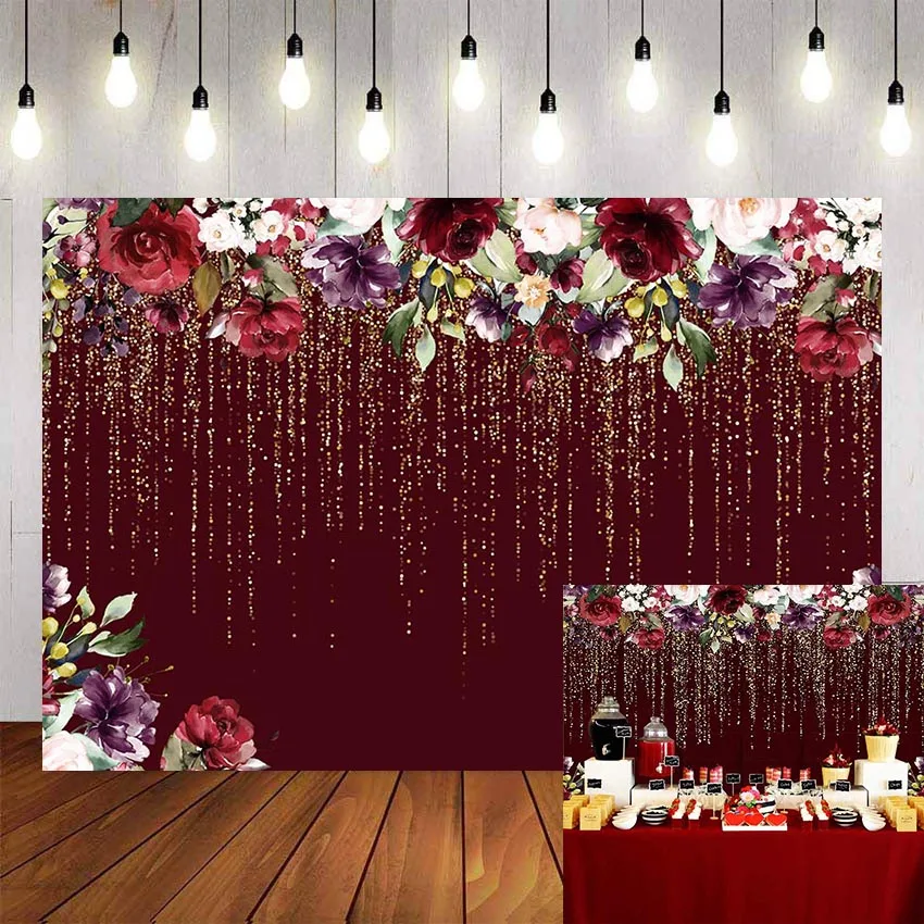 Mehofond Photography Background Burgundy Red Flowers Glitter Birthday Party Bridal Shower Wedding Adults Backdrop Photo Studio