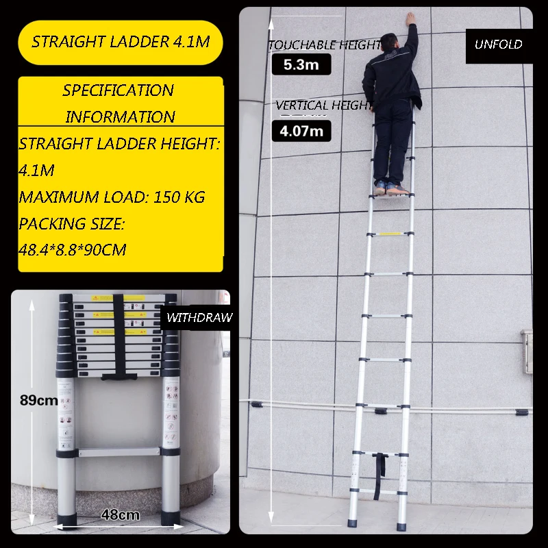 

Foldable Construction Single-Sided Telescopic Aluminum Ladder 4.1 / 4.5m Multifunctional Portable Shrinking Elevator Tool