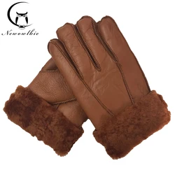 Guantes cálidos de piel de oveja auténtica para hombre, manoplas de piel de cachemir, de cuero Real para nieve y motocicleta, invierno, novedad