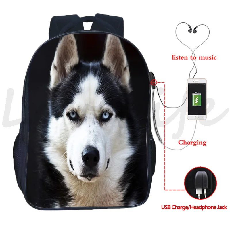 

German Shepherd Backpack Animal Dog USB Charging Knapsack Husky Dog School Bags Bulldog Students Teens Boston Terrier Schoolbags