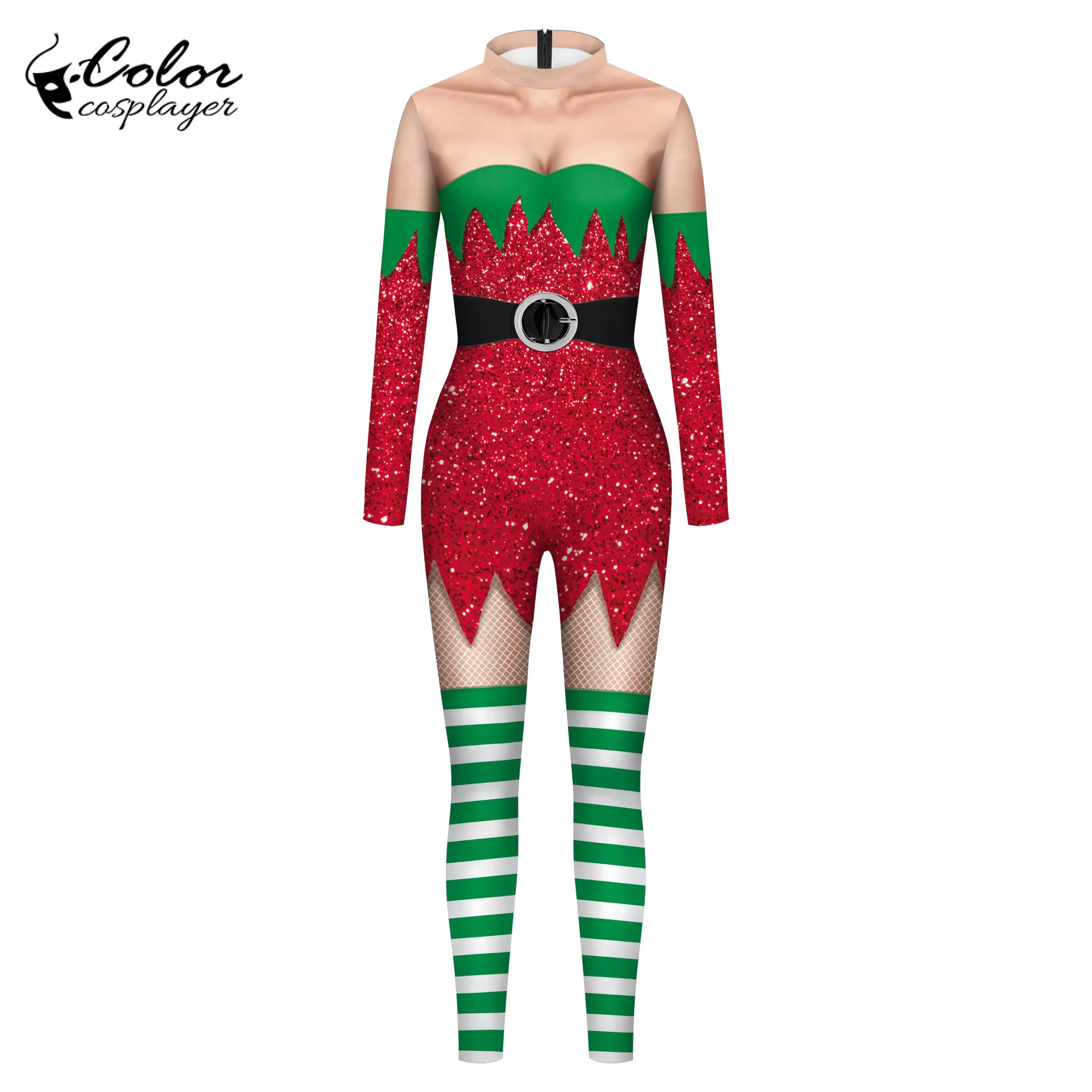 Kleur Cosplayer Kerst Cosplay Jumpsuit Kostuum Groene Witte Strepen Catsuit 3d Vrouwen Lange Mouw Sexy Elastische Zentai Bodysuit