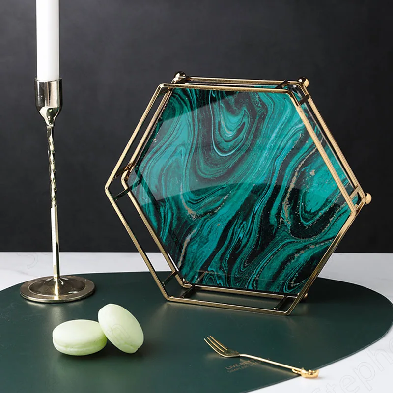 

Green Agate Texture Glass Trays Decorative European Vintage Gilded Iron Frame Hexagon Tea Cup Wine Set Coffee Table Tray Decor