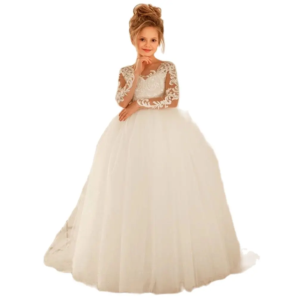 

Puffy Flower Girl Dresses 2020 Lace Appliques Princess Dress Tulle Kids Communion Dresses Sleeve Bow Girl Birthday Party Dress