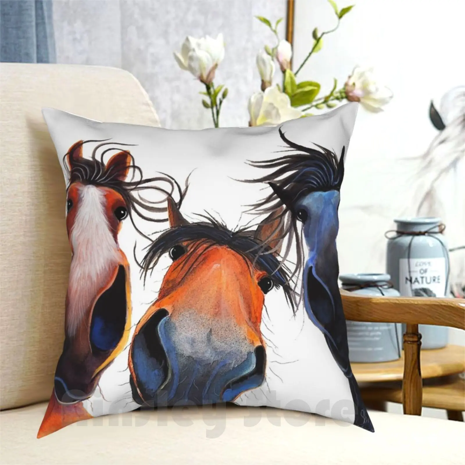 Happy Horse Print ' Who Left The Gate Open ? ' By Shirley Macarthur Pillow Case Printed Home Soft Throw Pillow Horse