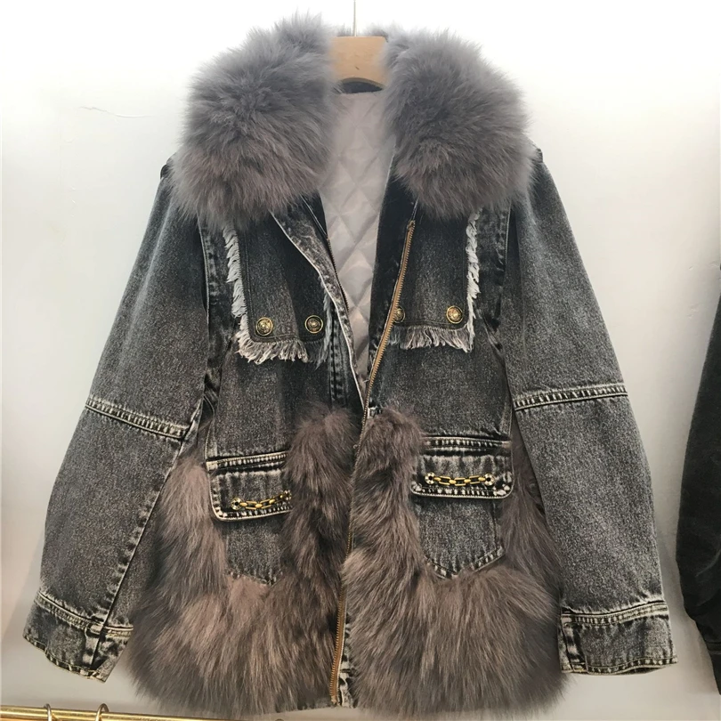 2023 winter new chic patchwork real fox fur denim jacket female thick warm fur parka metal buttons raw edge chain padded jacket