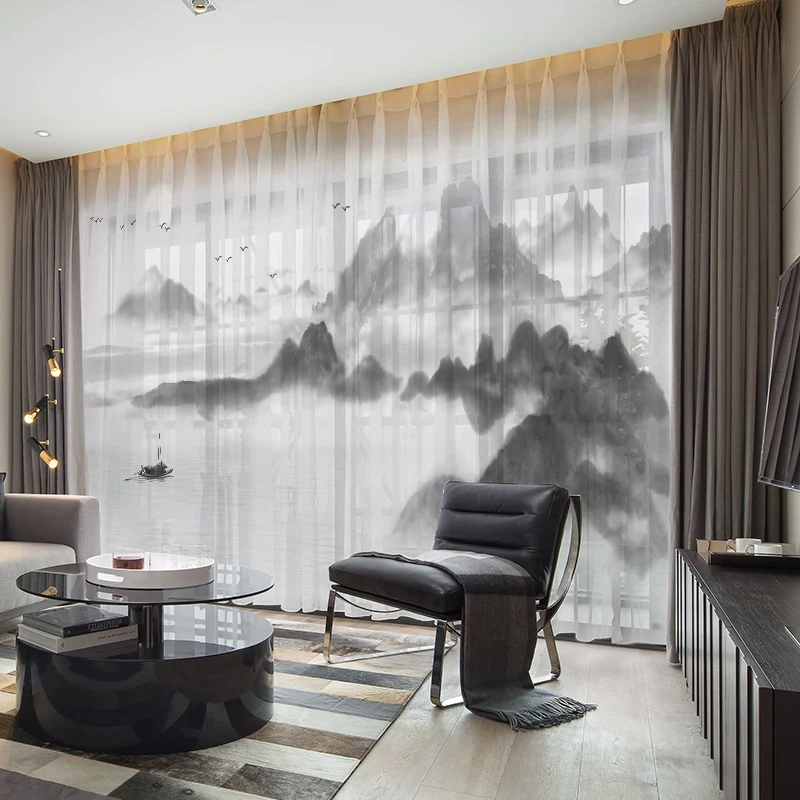 

Custom Chiffon Sheer Curtain Window Drape for Bedroom Living Room Mountain Hills on Cloud Painting