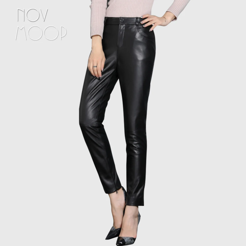 Novmoop genuine leather sheepskin women pants neat cut asymmetrical leg opening with zipper decor elegant designer style LT3428