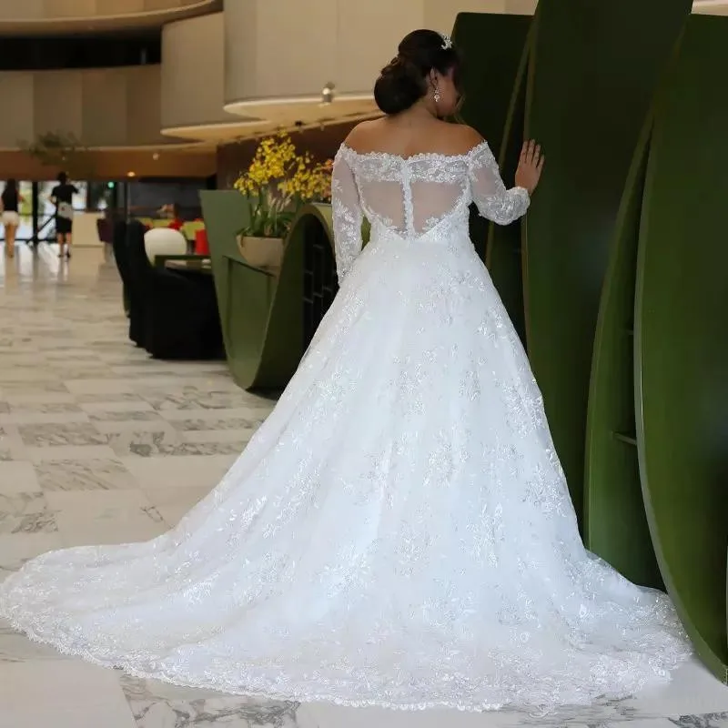 Vestidos de novia de encaje de manga larga, con apliques de cuentas, hombros al aire, línea A de tul