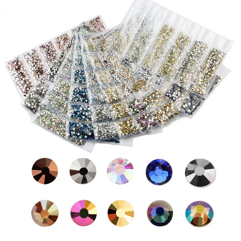 39 Colors SS4-SS12 1728Pcs  Flatback Charm Glass Gems Diamonds Nail Crystals Nail Art Decoration