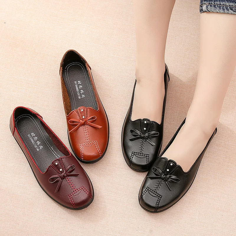 Mom Shoes Leather Flats Non Slip Adult Leather Shoes Women Loafers Big Size 10 Flats Shoes Women Scarpe Donna Platform Shoes