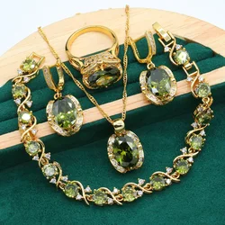 Geometric Wedding Jewelry Set for Women Olive Green Stone Bracelet Earrings Necklace Pendant Ring Birthday Gift