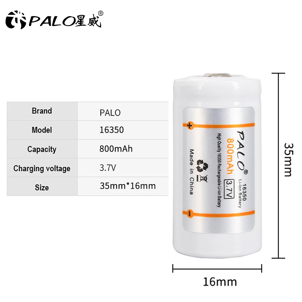 PALO 16350 Batteries Rechargeable Battery 3.7V 800mAh with 16340 16350 16360 CR123 CR123A Battery Charger Universal Charger