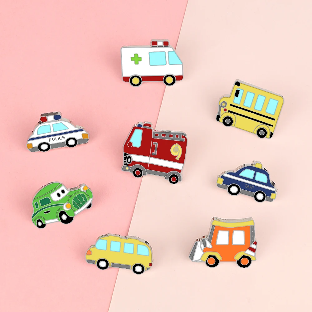 Cartroon Cute Ambulance Brooches School Bus Enamel Pins Taxi Fire Truck Bulldozer Lapel Pin Custom Badge Shirt Bag Jewelry Gifts