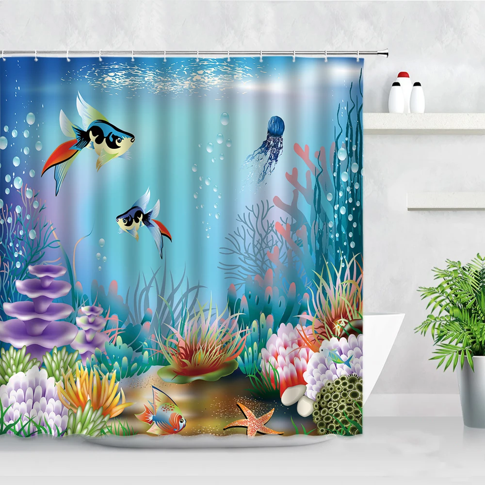 Underwater World Fish Coral And Plants Shower Curtain Set Seabed Scenery Children Bathroom Decor Bath Screens Hooks Curtains