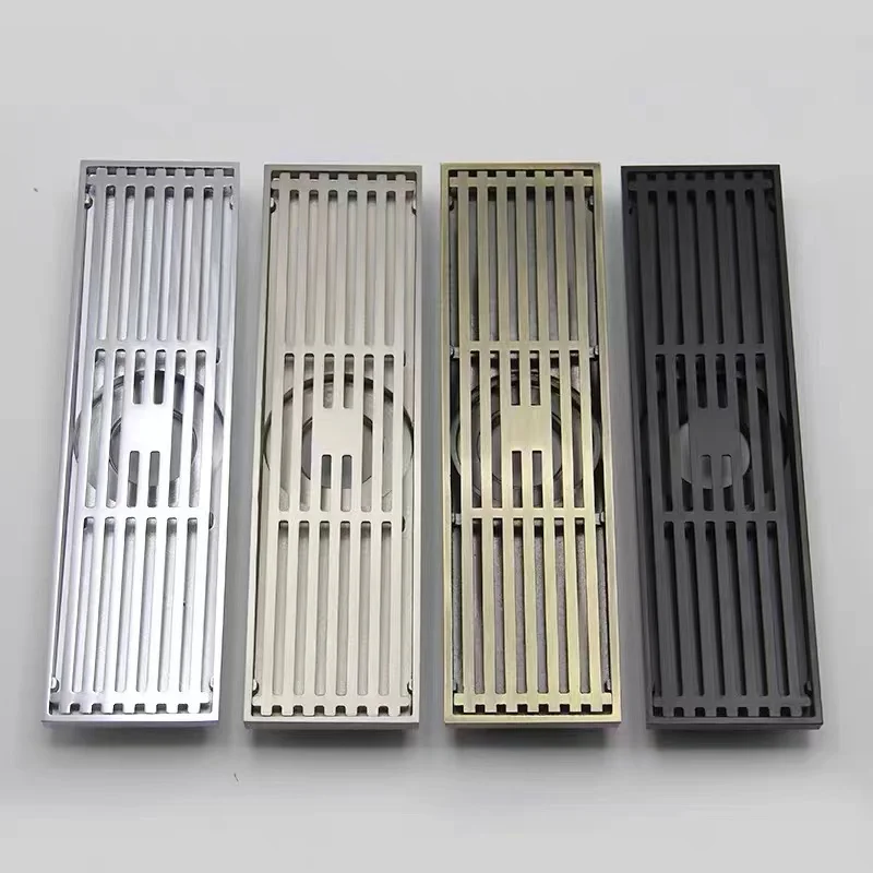 Shower Floor Drain Black/Chrome Brass Bathroom Rectangle Shower Floor Drain 8*30 cm Wire Strainer Cover Waste Drain Anti-Odor