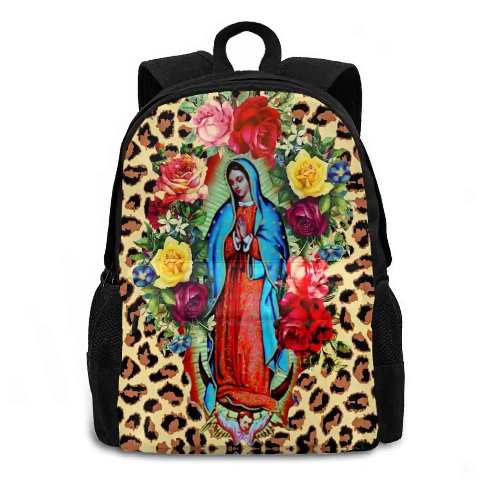 Our Lady Guadalupe On Leopard Print Hot Sale Schoolbag Backpack Fashion Bags Our Lady Guadalupe Kitsch Leopard Retro Vintage