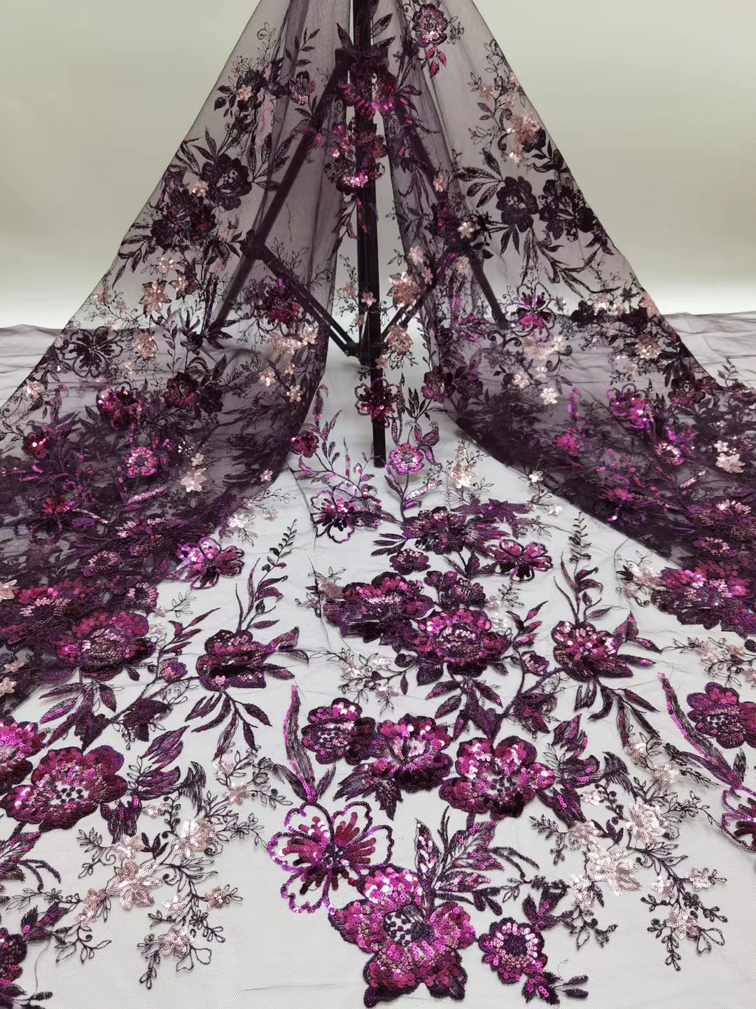 

High Quality African Sequins Flowers Net Lace Fabric Pretty Design JRB-8.42802 Embroidered Tulle Mesh for Party Dress