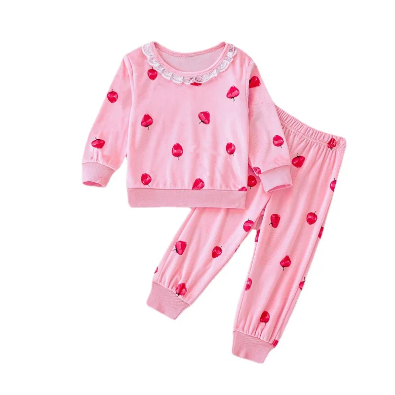 Strawberry Print Pajamas Sets For Children Girl Carrot Sleepwear Velvet Girls Clothing Pyjama Suits Winter Flannel Warm Pajamas