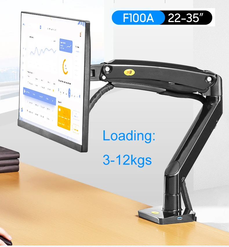 Imagem -02 - Gás Spring Desktop Monitor Holder Montagem com Porta Usb 3.0 Rotação 360 a 12kg Tela de 22 a 35 Polegadas Novo 2023 nb F100a