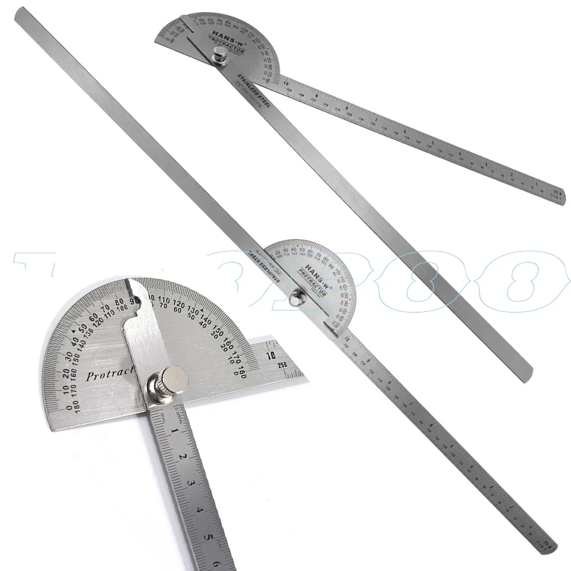 180 Degree 200 /250mm Stainless Steel Adjustable Double-arm Angle Ruler with Round Head Rotary Protractor Tool for Measurement